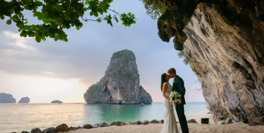 Wedding couple photo of Jenifer and Dallas at the Grotto Cave at Rayavadee hotel , Krabi