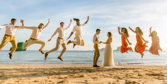Wedding couple photo in Railay beach of Katy and Tie at Rayavadee hotel , Krabi Thailand