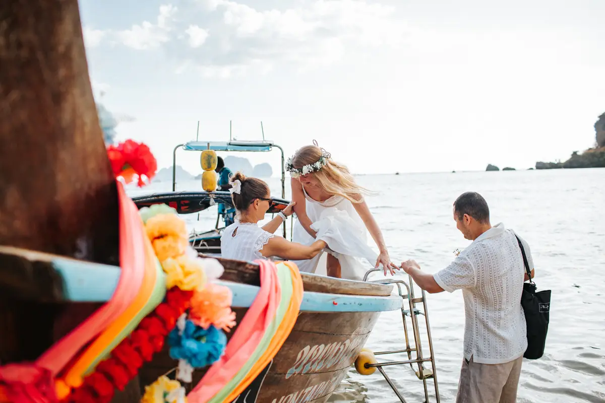 Private Vow-0207 Rose and her fiancé's private wedding vows on a long-tail boat around Railay Beach , Krabi Thailand