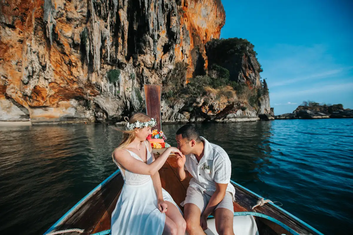 Private Vow-0220 Rose and her fiancé's private wedding vows on a long-tail boat around Railay Beach , Krabi Thailand